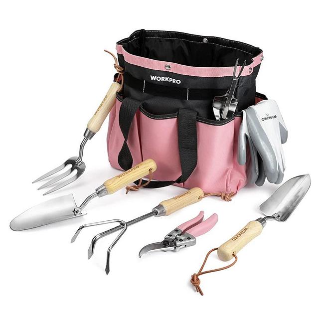 WORKPRO Pink Garden Tools Set, 7 Piece, Stainless Steel Heavy Duty Gardening Tools with Wooden Handle, Including Garden Tote, Gloves, Trowel, Hand Weeder, Cultivator and More-Gardening Gifts For Women