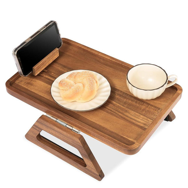 VICTORY RELAX Acacia Wood Arm Table (15.35" D x 9.8" W x 5.7" H), Couch Arm Tray for TV Dinners, Remote, Foldable Armrest Organizer, Rectangular Sofa Armrest Tray - Natural