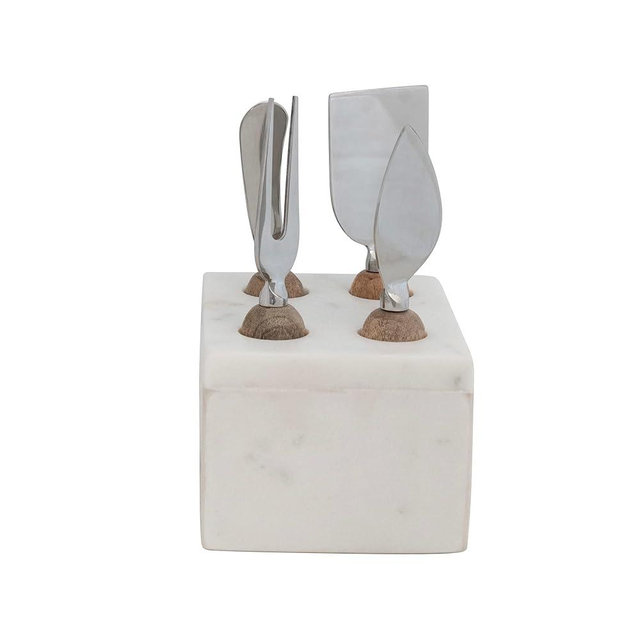Creative Co-Op Modern Stainless Steel Wood Handles and Marble Stand Cheese Servers, White