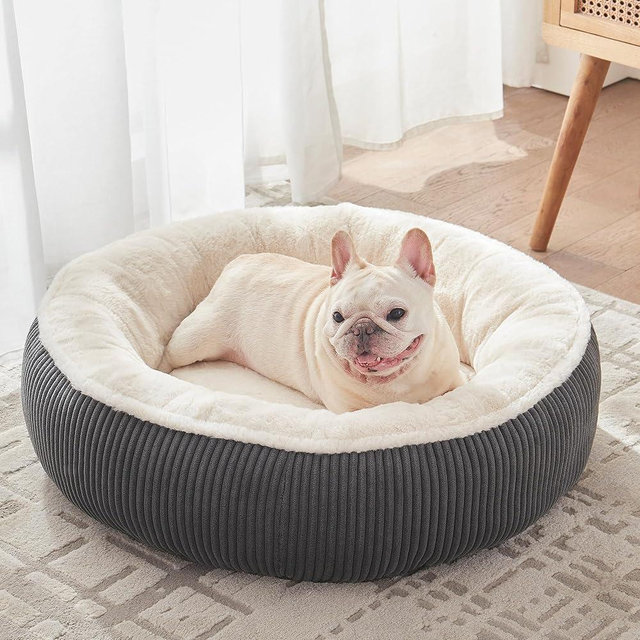 BedStill 30 inches Donut Dog Bed for Medium Dogs,Calming Round Pet Bed with Removable & Washable Cover,Plush Faux Fur & Corduroy, Fits up to 30 lbs Pets(Dark Grey,Medium)