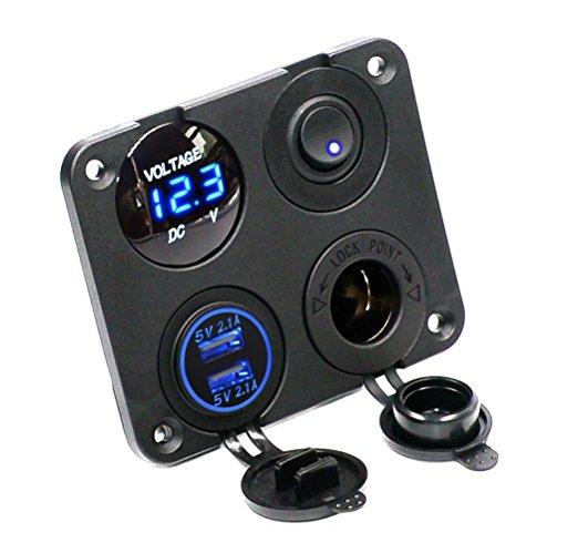 Cllena Dual USB Socket Charger 2.1A&2.1A + LED Voltmeter + 12V Power Outlet + ON-OFF Toggle Switch Four Functions Panel for Car Boat Marine RV Truck Camper Vehicles GPS Mobiles (Blue)