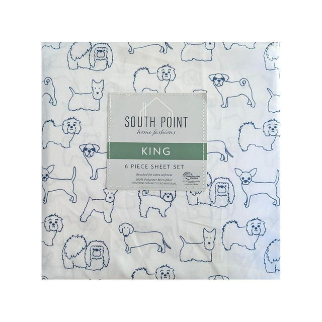 South Point Home Fashions 6-Piece Printed Sheet Set - Queen/King | 17" Extra Deep | Cool, Crisp, Breathable Bed Sheets - Brushed for Softness (Dog Sketch, King (U.S. Standard))