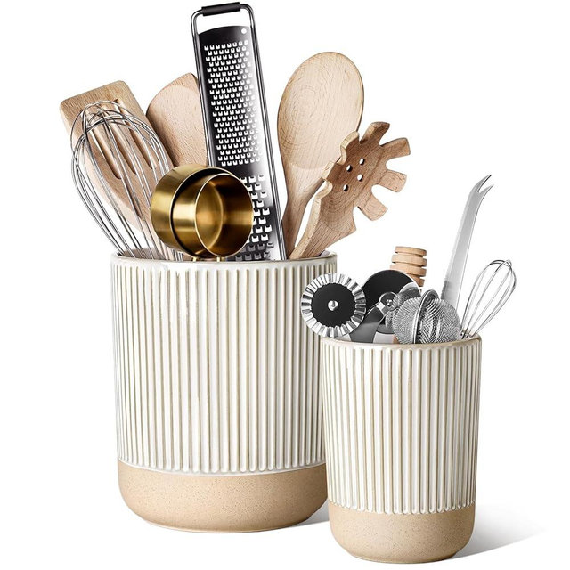 LE TAUCI Ceramic Utensil Holder for Kitchen Counter - 6.9"+5.3" Large Kitchen Utensil Holder Set of 2, Cooking Utensil Crock & Organizer for Spatula, Spoon - Modern Kitchen Decor, Cream Beige, Line