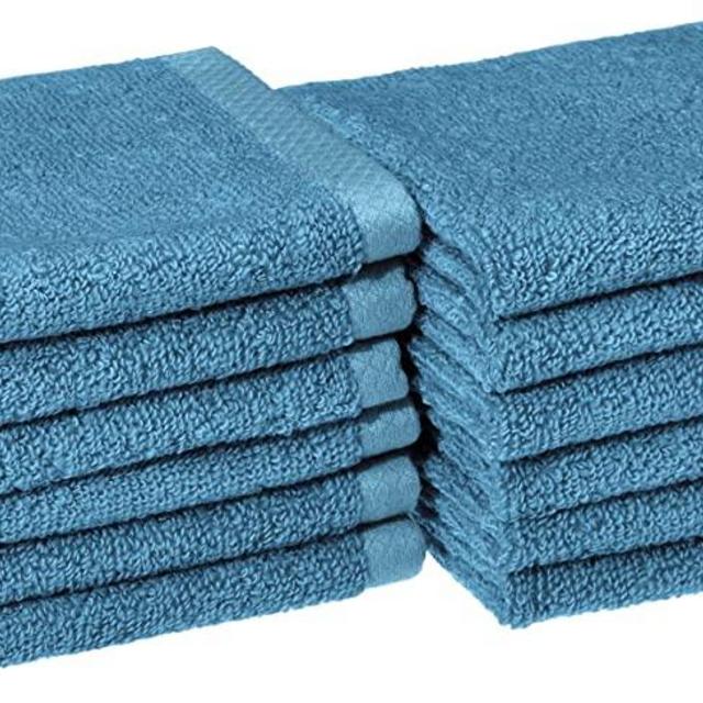 AmazonBasics Quick-Dry, Luxurious, Soft, 100% Cotton Towels, Lake Blue - Set of 12 Washcloths