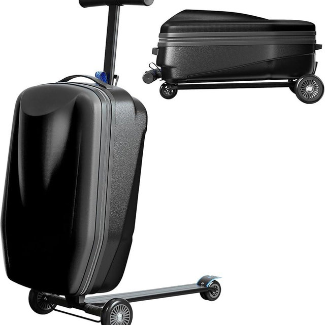 TABU 21" 3-D Hardshell Scooter Suitcase for Kid & Adult, Foldable Carry-on Scooter Luggage with Telescopic Handle, Multifunctional Lightweight Traveling Suitcase for Age 4-15, Black