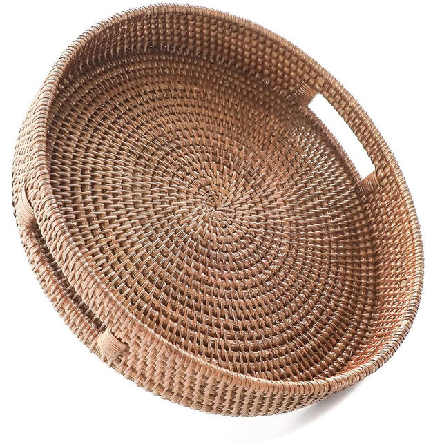 HITOMEN 11.8" Hand-Woven Round Rattan Serving Tray Decorative Wicker Trays with Handles for Coffee Table (Warm Brown-M)