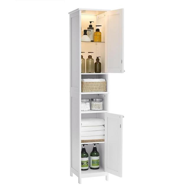 VASAGLE Tall Bathroom Cabinet with Lights, Slim Bathroom Storage Cabinet, Freestanding Narrow Cabinet with Adjustable Shelves, Open compartments, for Small Spaces, Modern, Cloud White UBBC566W02