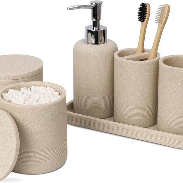 ZCCZ Beige Bathroom Accessories Set 6 Pieces - Toothbrush Holder, Lotion Dispenser, Qtip Container, Vanity Tray, Tumbler - Countertop Organizer for Bathrooms - Elegant and Functional Décor Set