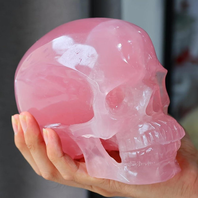 CrystalHola Large Natural Rose Quartz Crystal Carved Skull - 1Pc 3.5"-4" Hand-Carved Crystal Skull Statue, Spiritual Crystals for Home Office Spiritual Decor