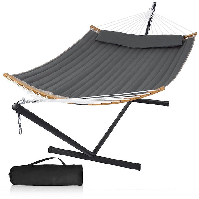 Mansion Home 55in Hammock with Stand, Heavy Duty Hammock with Stand Included, Two Person Hammock with Curved Spreader Bar, Pillow and Portable Bag, 450 Lbs Capacity, Dark Gray