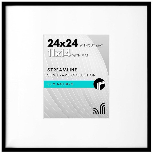 Americanflat 24x24 Picture Frame with Polished Plexiglass - Use as 11x14 Frame with Mat or 24x24 Frame Without Mat - Streamline Collection - Thin Picture Frame for Wall Display - Black