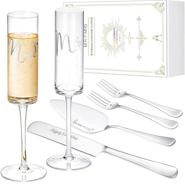 iooiluxry Wedding Cake Knife And Server Set, Mr And Mrs Toasting Champagne Flutes With Sliver Cake Cutting Set For Wedding Or Bridal Shower GIfits