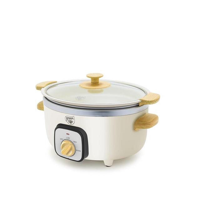 GreenLife 3.5QT Slow Cooker, Non-Toxic PFAS-Free Ceramic Nonstick Removable Interior Bowl, Programmable, Keep Warm, Stovetop & Oven Safe, Dishwasher Safe Parts, Glass Lid, Cream