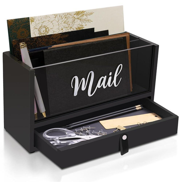 Two-Layer Solid Wooden Mail Storage Organizer Holder with Clear Acrylic Top and Bottom Drawer, Leather Handle, Keeping Mail, Bills, Letters, Cards and Office Supplies in One Place, Home Decor Gifts