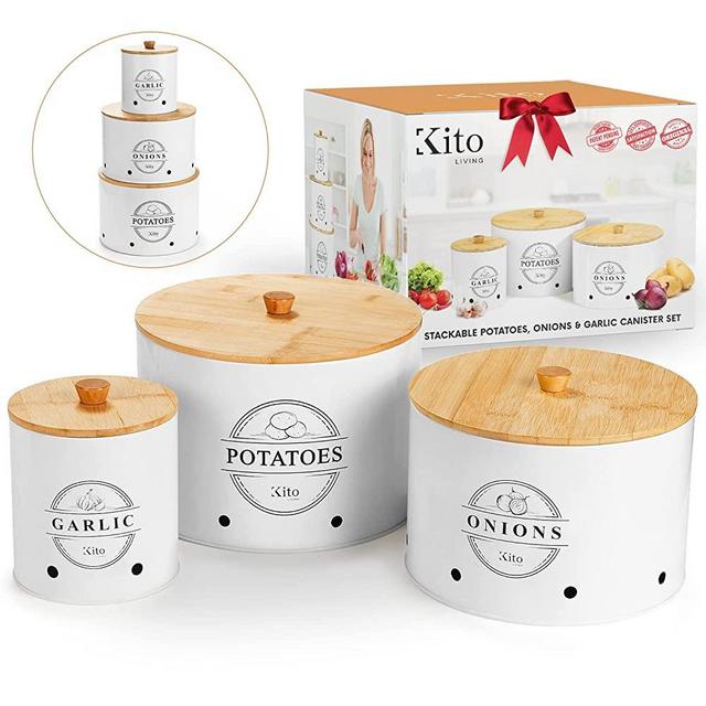 Kito Living Canister Sets For Kitchen Counter, 3 Piece Garlic Potato Onion Keeper Kitchen Canisters for Pantry Organization and Storage Bins with Wooden Bamboo Lids, Kitchen Organization (White)