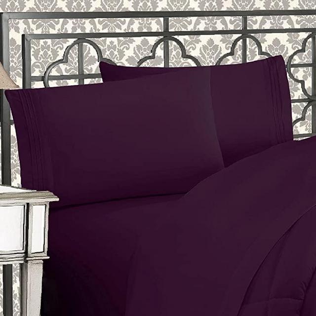 Elegant Comfort Luxurious 1500 Thread Count Egyptian Quality Three Line Embroidered Softest Premium Hotel Quality 4-Piece Bed Sheet Set, Wrinkle and Fade Resistant, California King, Eggplant-Purple