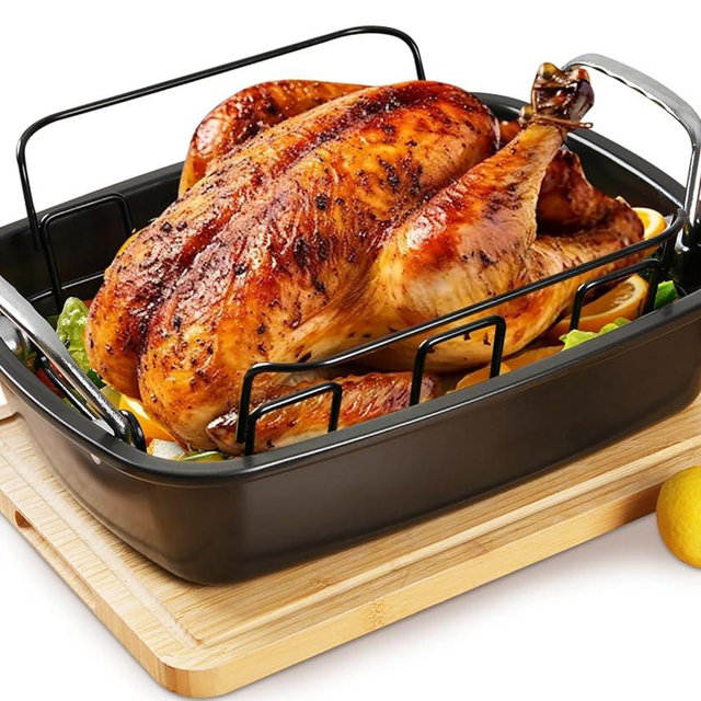 Large Nonstick Roasting Pan with Rack, Turkey Roasting Pan with Wider Handles, Heavy Duty Construction Roaster - 17.2 Inch x 13.5 Inch for Oven