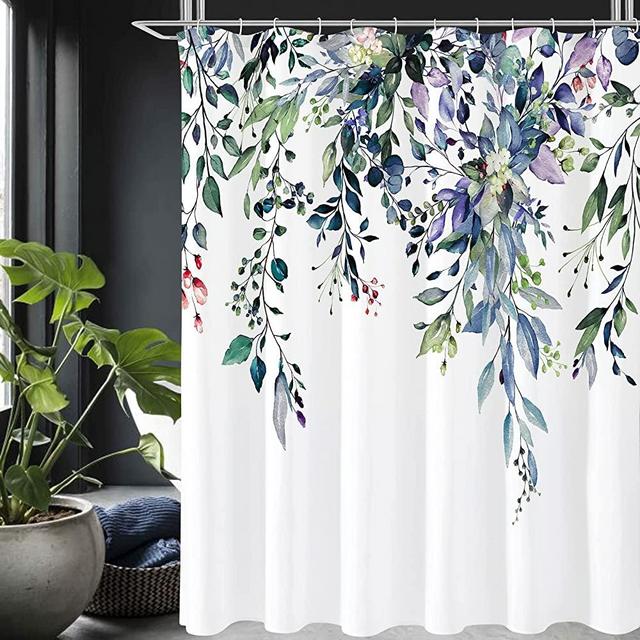 Gibelle Spring Floral Shower Curtain for Bathroom, Watercolor Green Eucalyptus Leaves Plant Shower Curtain Set with Hooks, Washable Durable Polyester Fabric 72x72 Inch