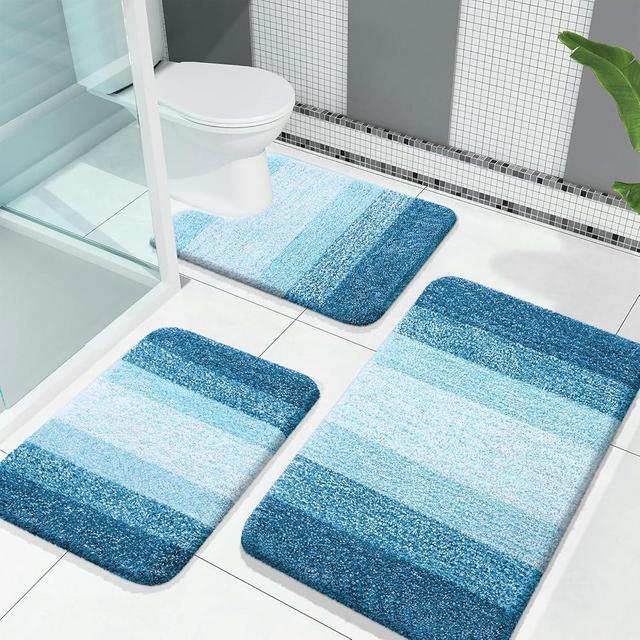 OLANLY Bathroom Rugs Sets 3 Piece, Absorbent Microfiber Bath Rugs and U-Shaped Contour Toilet Rug Area Rug Set, Non-Slip Bath Carpet, Home Decor Accessories, Bath Mat Set for Bathroom, Peacock Blue