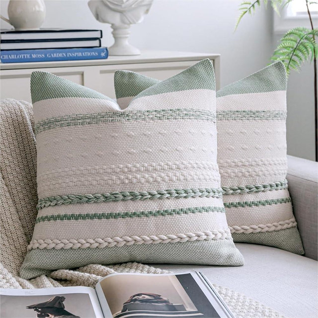 Cethom Boho Throw Pillow Covers 18x18 Inch Set of 2, Sage Green Textured Decorative Couch Pillow Cases for Farmhouse Home Decor, Accent Cushion Cover for Sofa, Bed, Living Room, Bedroom