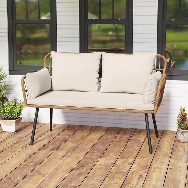 Costway Patio Wicker Loveseat Furniture with Seat Back Cushions, Heavy-Duty Metal Legs Off-White