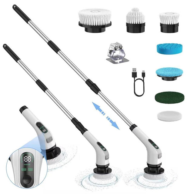 Electric Spin Scrubber with Long Handle: Cordless Power Shower Scrubber - Spin Brush with 7 Brush Replacement Heads for Cleaning Bathroom,Tub, Tile