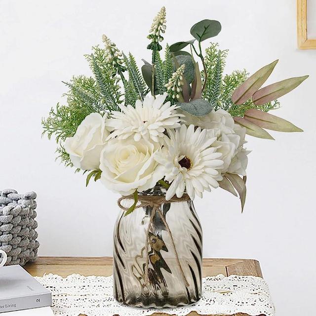 Famigmo Artificial Flowers in Vase,Faux Flowers in Vase for Home Decor,Fake Flowers with Vase for Coffee Table Decor,Fake Flowers for Home Kitchen Centerpiece Table Decorations