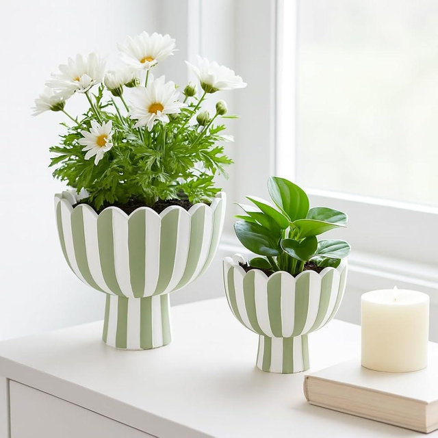 Striped Flower Pots and Planters for Home Decor – Modern Indoor or Outdoor Pots for Plants Perfect for Orchids, Herbs, or Ferns – Chic Pots for Indoor Plant Stand; Set of 2 – 8", 6" Green & White
