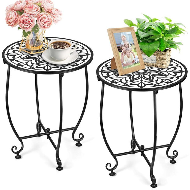 DARCKLE 2 Pack Outdoor Side Table for Small Spaces, 14 Inch Patio Side Table,Plant Stand,Round Metal End Table Anti-Rust Waterproof Accent Table for Patio,Yard Porch Balcony Garden
