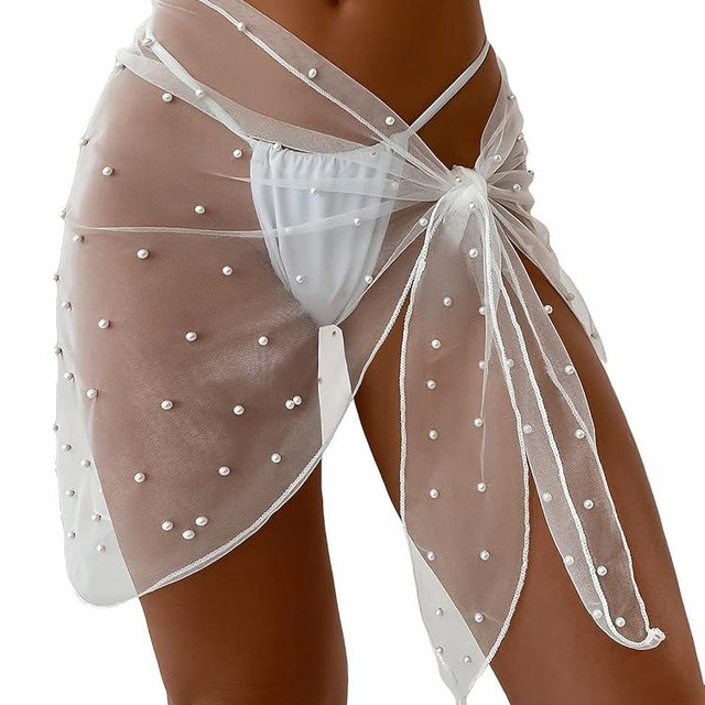 GORGLITTER Women's Faux Pearl Cover Up Sarong Sheer Mesh Swimsuit Cover Up Beach Bathing Suit Wrap Skirt