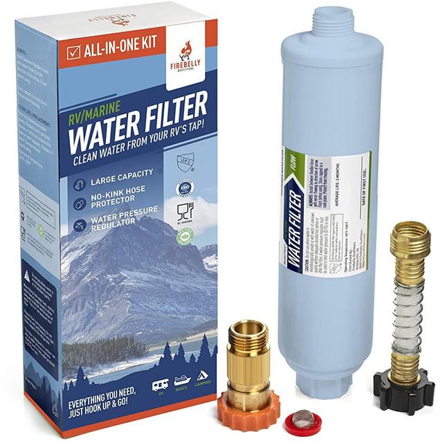 Firebelly Outfitters RV/Marine Inline Carbon Water Filter - Starter Kit w/Flexible Hose Protector, RV Water Pressure Regulator – Protects Against Bad Taste, Odor, Iron, Lead, Chlorine, Sediment, Mold