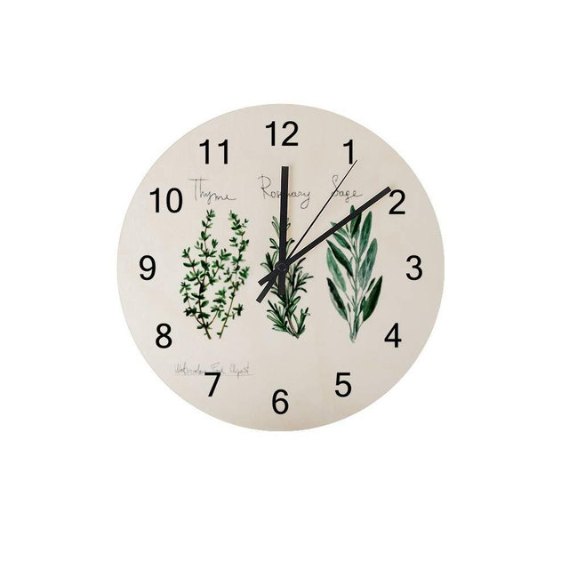 Guitong Wall Clocks Wooden Silent Battery Operated Digital Large Hanging Round Wall Clock Lightweight Non-Ticking ﻿Watercolor Food Herbs Decorative Kitchen Office Living Room Bedroom 11.8 inch