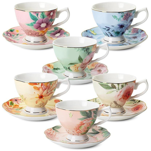 BTaT- Tea Cups and Saucers Set of 6, Tea Set, Floral Tea Cups (8oz), Porcelain Tea Cups for Tea Party, Rose Teacups, China Tea Cups, Tea Cup and Saucer Set, Porcelain Tea Set, (Bone China)