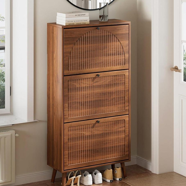 Fsbecl Shoe Storage Cabinet for Entryway with 3 Flip Drawers, Narrow Shoe Organizer with Fluted Panel, Freestanding Wood Hidden Shoe Cabinet for Hallway (Walnut, 23.6''W, Double Layer)