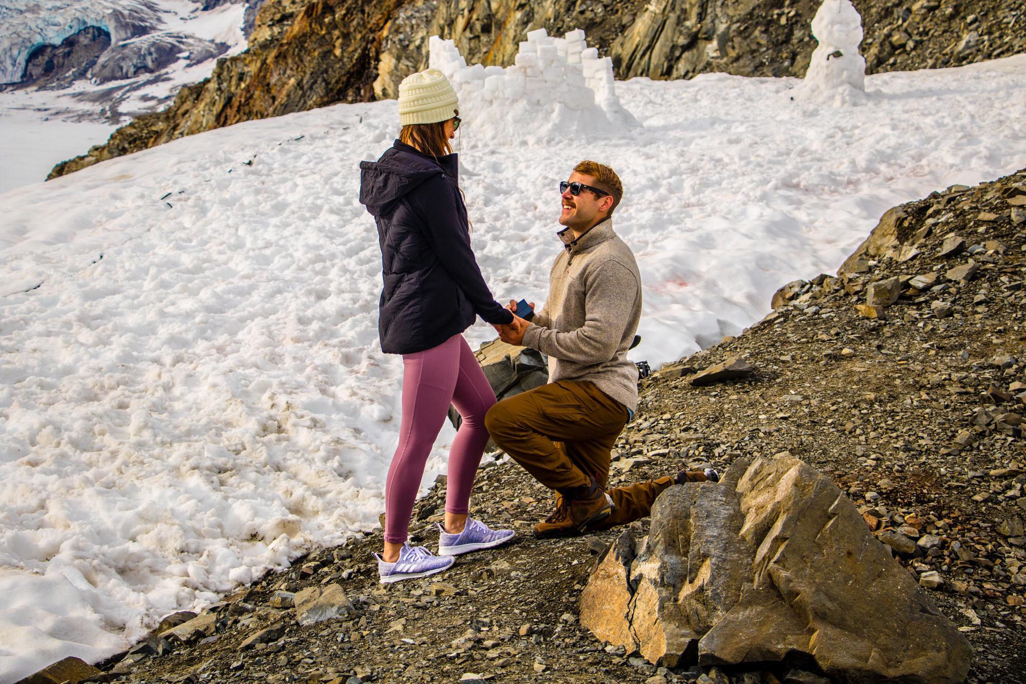 The moment of our proposal atop Ruth Glacier.  The good news is you can't see my nerves or Kristen's tears.