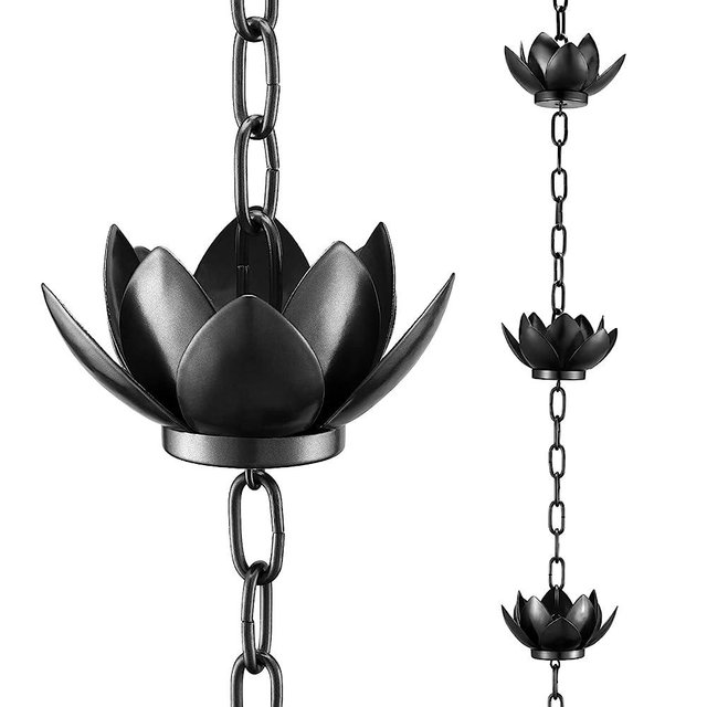 OAK LEAF Rain Chain, Lotus Rain Catcher Chain for Gutters Outside with Adapter, Rain Chain Cups to Replace Gutter Downspout, Divert Water and Home Display, 12 Cups, Adjustable,Black Powder Coated
