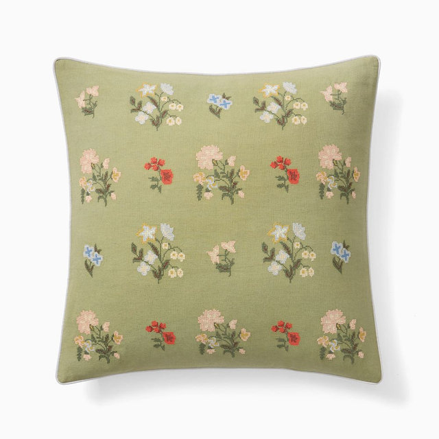 Emma Chamberlain Embroidered Floral Pillow Cover, 20"x20", Sage