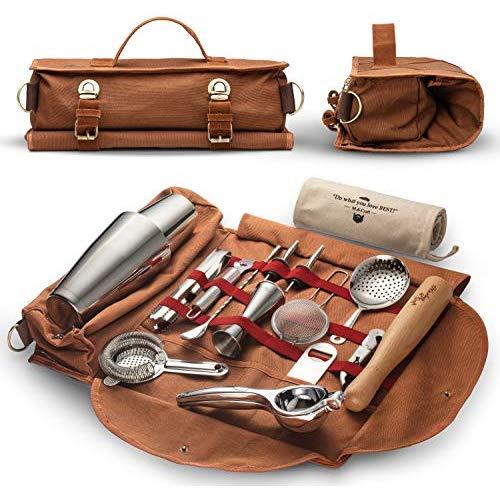 Travel Bartender Kit Bag | Professional 17-piece Bar Tool Set with Stylish Portable Bar Bag and Shoulder Strap for Easy Carry and Storage | Best Travel Bar Set for Home Cocktail Making, Work, Parties