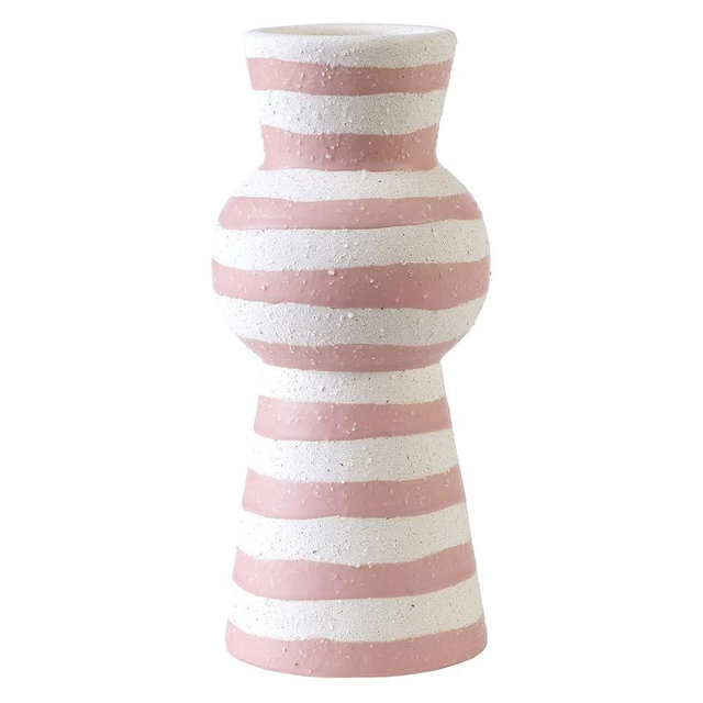 Elements 3.54x3.54x7.87 Inch White and Pink Stripe Textured Ceramic Vase