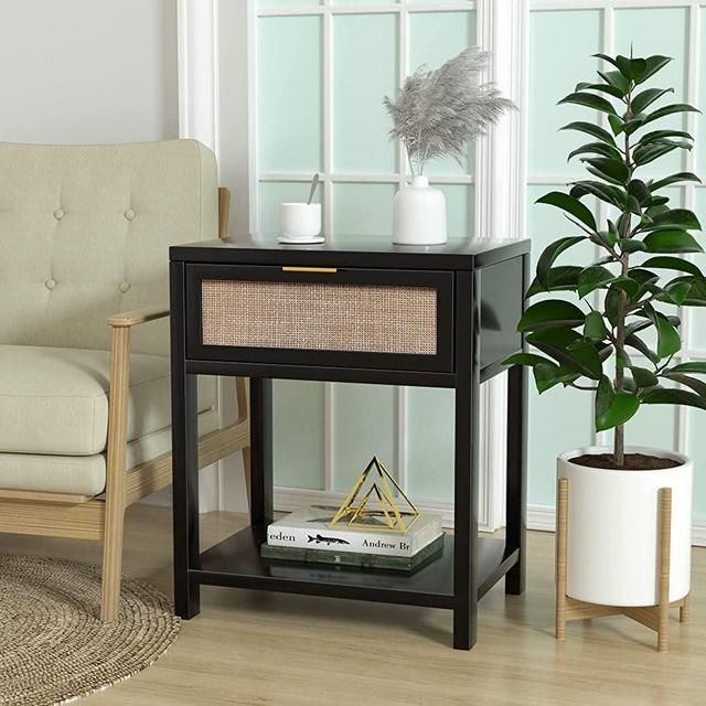 Anmytek 24" H Wood Nightstand, Mid-Century Modern End Table with Storage Drawer and Open Shelf Rattan Bedside Table Small Side Table for Living Room Bedroom, Black, H0020