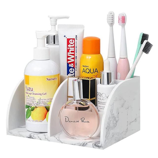 Toothbrush Holder for Bathroom, Aimou Bathroom Organizer Countertop, 5 Compartment Counter Stand Accessories for Electric Toothpaste/Vanity Countertop, White Marble Color
