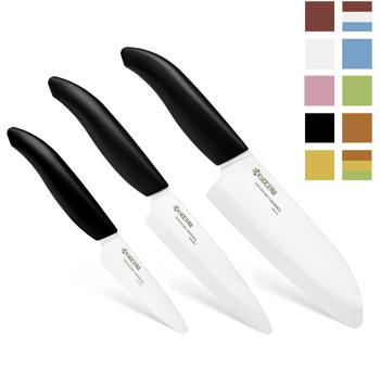 Kyocera Revolution 3 Piece Ceramic Knife Set includes 5.5" Santoku, 4.5" Utility and 3" Paring Knife