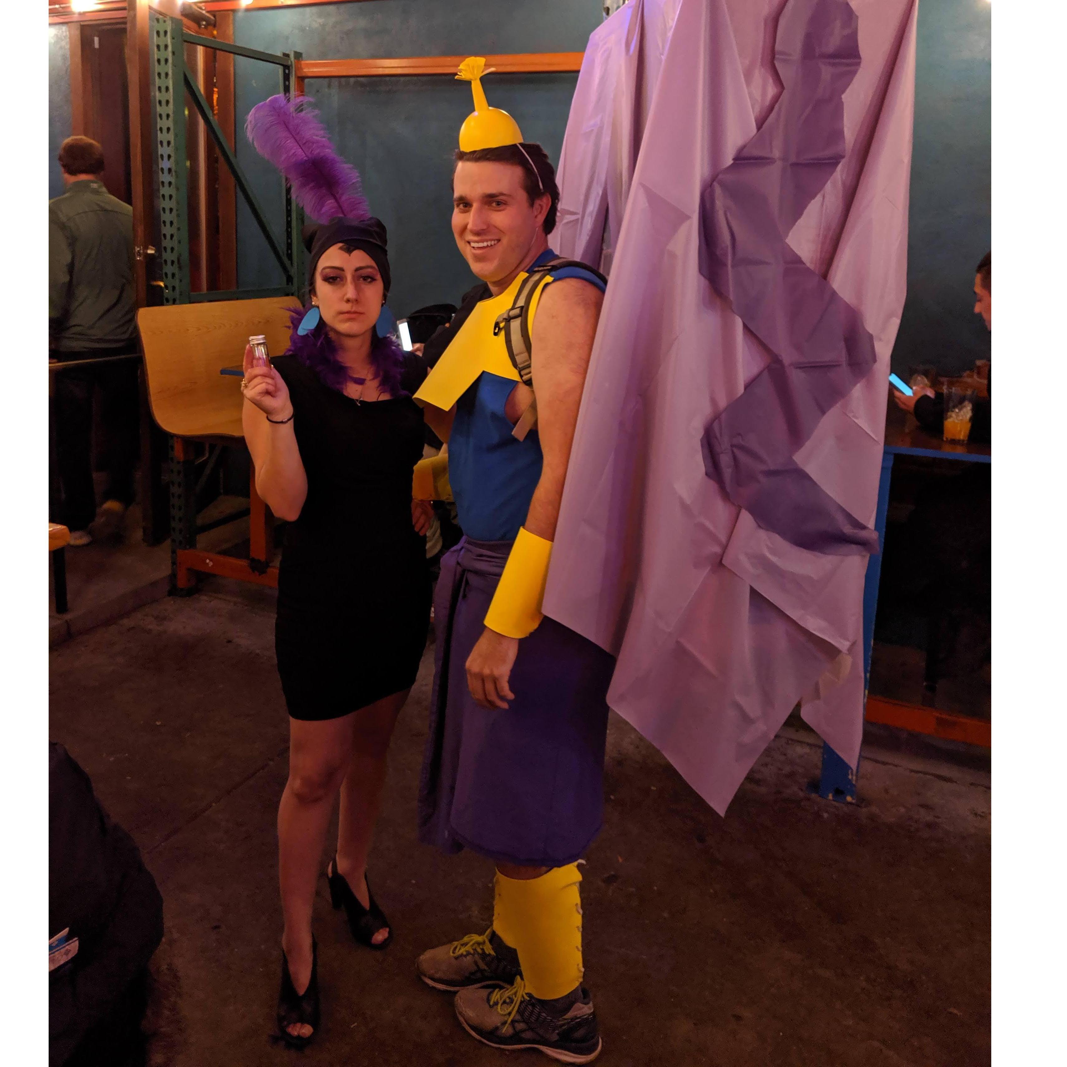 Halloween 2019, about a year after we started dating: Kronk and Yzma from The Emperor's New Groove.