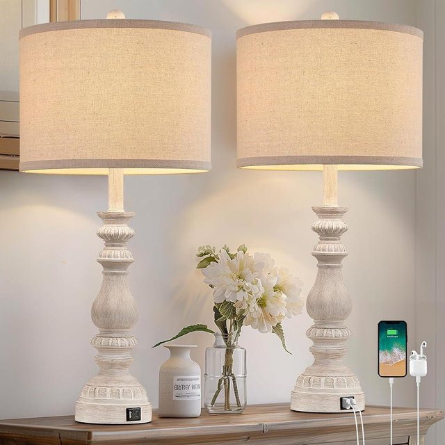 28.5" Tall Farmhouse Table Lamps Set of 2 for Living Room Rustic Bedside Lamps with USB C+A Traditional Lamp for Bedroom Nightstand Office Hallway, Washed White, Rotary Switch, Bulb not included