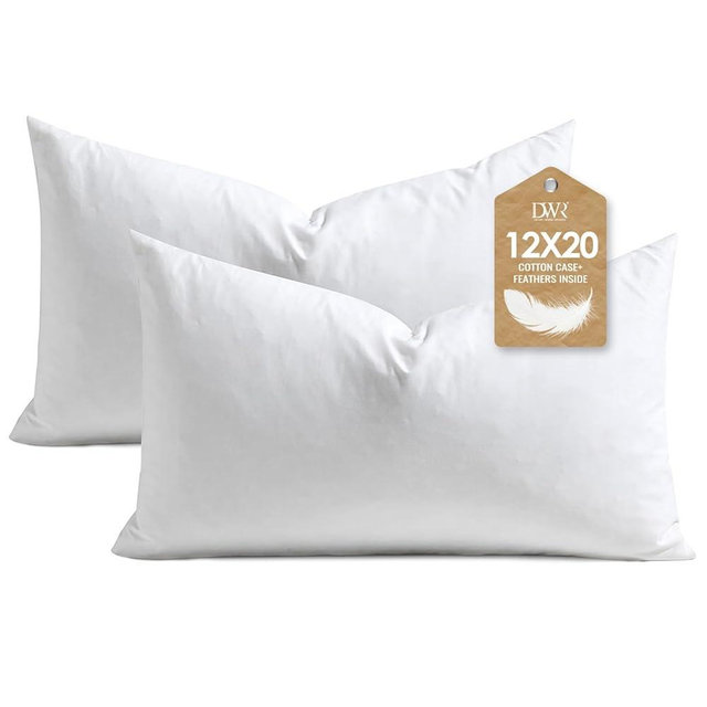 DWR Set of 2 Feather Down Throw Pillow Inserts 12x20 with Organic Cotton Cover, Feather Rectangular White Decorative Pillow Inserts for Bed, Sofa, and Couch