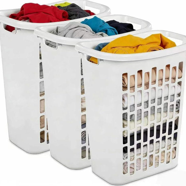 (3-Pack) 1.8 BUSHEL Slim-Iine Open Plastic Laundry Hamper, with Reinforced Handle for Easy Carrying of Clothes, Durable, Suitable for Bedrooms, Laundry Rooms, Bathrooms, White