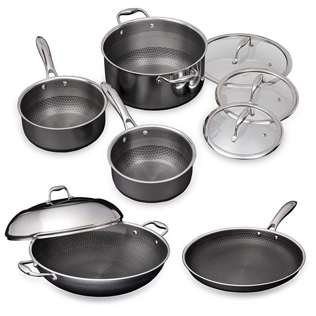 HexClad 16 Piece Hybrid Stainless Steel Cookware Set - 6 Piece Pan , 6  Piece Pot , 7 Quart Deep Fryer and 14 Inch Wok, Stay Cool Handles,  Induction