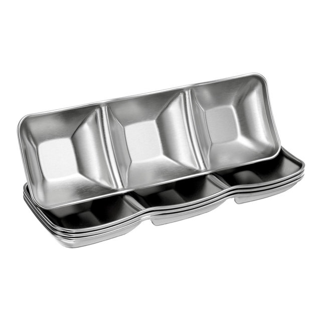 Unique Bargains Stainless Steel Divided Appetizer Sushi Soy Dipping Sauce Dishes 4 Pcs Silver 3 Compartments