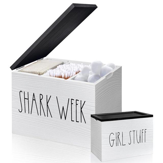MISTOD Tampon Holder for Bathroom, Pad And Tampon Organizer with Tray Lid, Wood Feminine Product Organizer Shark Week Tampon Storage, Bathroom Accessories Small Storage Box - White