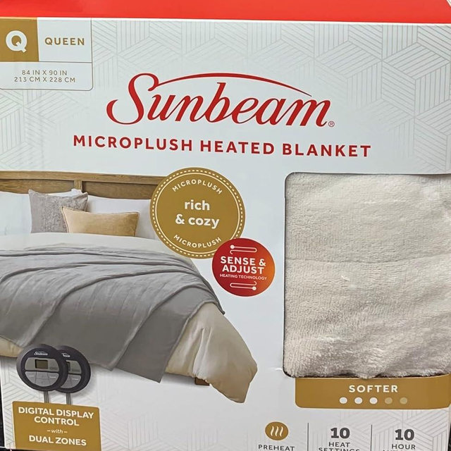 Sunbeam Microplush Queen Electric Heated Blanket with Preheat Feature Two Digital Controller 10-Heat Settings Auto Shut-Off, UL Certified for Safety, Ivory Beige